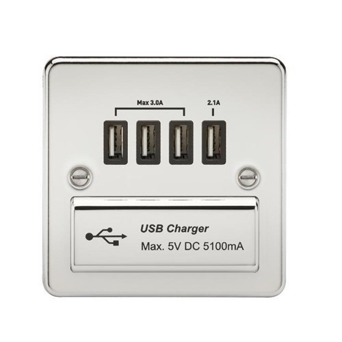 Knightsbridge Flat Plate Quad USB charger outlet – Polished chrome with black insert FPQUADPC - West Midland Electrics | CCTV & Electrical Wholesaler