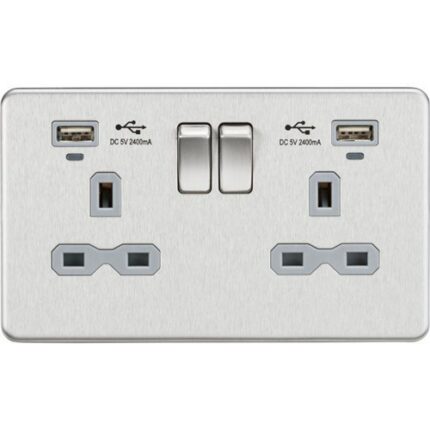 Knightsbridge 13A 2G Switched Socket,Dual USB (2.4A) with LED Charge Indicators – Brushed Chrome w/grey insert SFR9904NBCG - West Midland Electrics | CCTV & Electrical Wholesaler 5