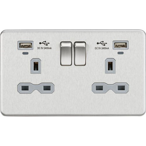 Knightsbridge 13A 2G Switched Socket,Dual USB (2.4A) with LED Charge Indicators – Brushed Chrome w/grey insert SFR9904NBCG - West Midland Electrics | CCTV & Electrical Wholesaler 3
