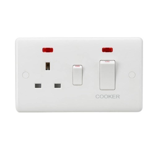 Knightsbridge Curved Edge 45A DP Cooker Switch and 13A Socket with Neons (White Rocker) CU8333NW - West Midland Electrics | CCTV & Electrical Wholesaler