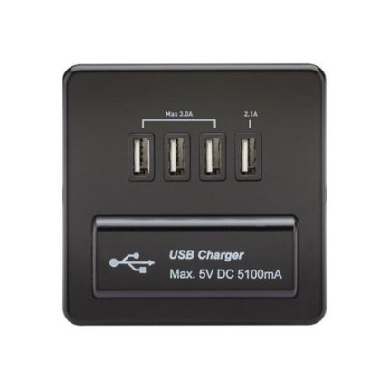 Knightsbridge Screwless Quad USB Charger Outlet (5.1A) – Matt Black with Black Insert SFQUADMB - West Midland Electrics | CCTV & Electrical Wholesaler