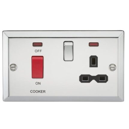 Knightsbridge 45A DP Cooker Switch & 13A Switched Socket with Neons & Black Insert – Bevelled Edge Polished Chrome - West Midland Electrics | CCTV & Electrical Wholesaler 5