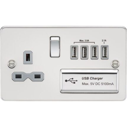 Knightsbridge Flat plate 13A switched socket with quad USB charger – polished chrome with grey insert FPR7USB4PCG - West Midland Electrics | CCTV & Electrical Wholesaler 5