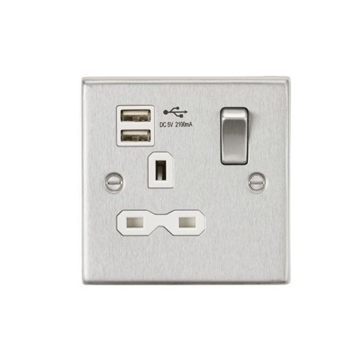 Knightsbridge 13A 1G Switched Socket Dual USB Charger (2.1A) with White Insert – Square Edge Brushed Chrome CS91BCW - West Midland Electrics | CCTV & Electrical Wholesaler