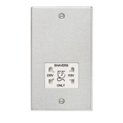 Knightsbridge 115/230V Dual Voltage Shaver Socket with White Insert – Square Edge Brushed Chrome CS89BCW - West Midland Electrics | CCTV & Electrical Wholesaler