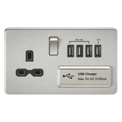 Knightsbridge Screwless 13A switched socket with quad USB charger (5.1A) – brushed chrome with black insert SFR7USB4BC - West Midland Electrics | CCTV & Electrical Wholesaler 5