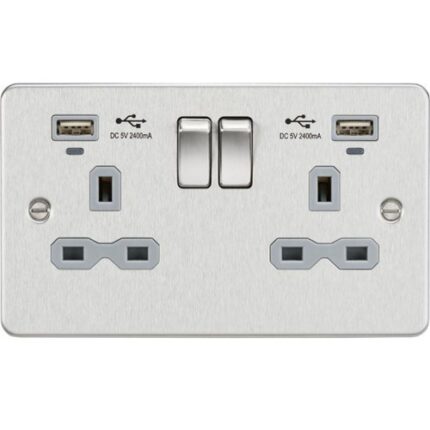 Knightsbridge Flat plate 13A Smart 2G switched socket with USB chargers (2.4A) – Brushed Chrome with grey insert FPR9904NBCG - West Midland Electrics | CCTV & Electrical Wholesaler 5