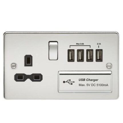Knightsbridge Flat plate 13A switched socket with quad USB charger – polished chrome with black insert FPR7USB4PC - West Midland Electrics | CCTV & Electrical Wholesaler 5