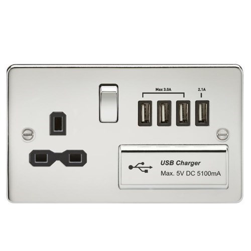 Knightsbridge Flat plate 13A switched socket with quad USB charger – polished chrome with black insert FPR7USB4PC - West Midland Electrics | CCTV & Electrical Wholesaler 3