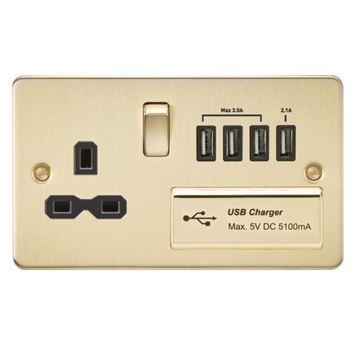 Knightsbridge Flat plate 13A switched socket with quad USB charger – brushed brass with black insert - West Midland Electrics | CCTV & Electrical Wholesaler 3