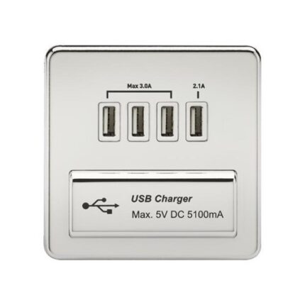 Knightsbridge Screwless Quad USB Charger Outlet (5.1A) – Polished Chrome with White Insert SFQUADPCW - West Midland Electrics | CCTV & Electrical Wholesaler