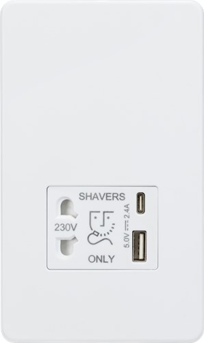 Knightsbridge Shaver socket with dual USB A+C (5V DC 2.4A shared) – matt white SF8909MW - West Midland Electrics | CCTV & Electrical Wholesaler 3