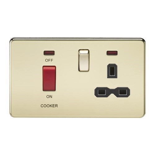 Knightsbridge Screwless 45A DP switch and 13A switched socket with neons – polished brass with black insert - West Midland Electrics | CCTV & Electrical Wholesaler 3