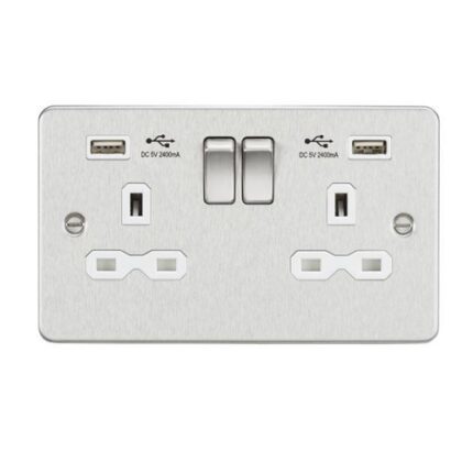 Knightsbridge Flat plate 13A 2G switched socket with dual USB charger (2.4A) – brushed chrome with white insert FPR9224BCW - West Midland Electrics | CCTV & Electrical Wholesaler 5