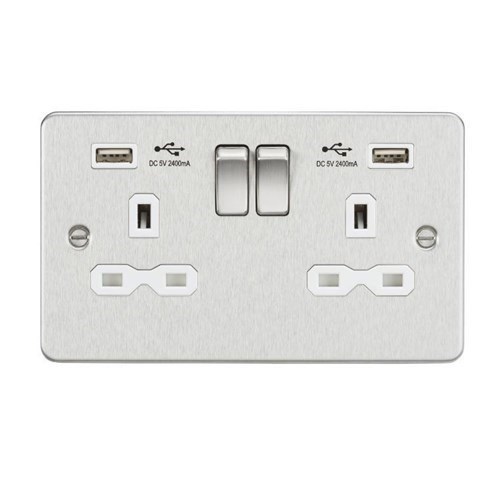 Knightsbridge Flat plate 13A 2G switched socket with dual USB charger (2.4A) – brushed chrome with white insert FPR9224BCW - West Midland Electrics | CCTV & Electrical Wholesaler 3