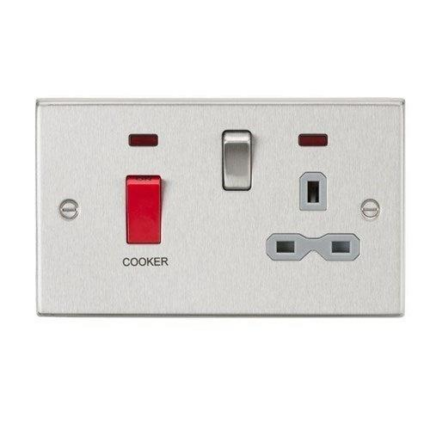 Knightsbridge 45A DP Cooker Switch & 13A Switched Socket with Neons & Grey Insert – Square Edge Brushed Chrome CS83BCG - West Midland Electrics | CCTV & Electrical Wholesaler