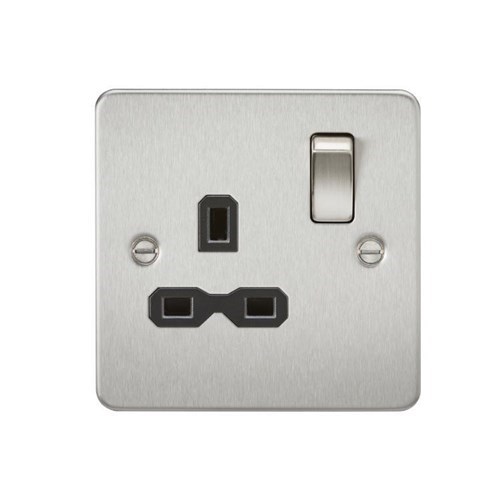 Knightsbridge Flat plate 13A 1G DP switched socket – brushed chrome with black insert FPR7000BC - West Midland Electrics | CCTV & Electrical Wholesaler