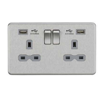 Knightsbridge 13A 2G Switched Socket with Dual USB Charger (2.4A) – Brushed Chrome with Grey Insert SFR9224BCG - West Midland Electrics | CCTV & Electrical Wholesaler 5