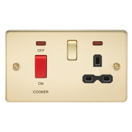 Knightsbridge Flat plate 45A DP switch and 13A switched socket with neon – polished brass with black insert - West Midland Electrics | CCTV & Electrical Wholesaler 5