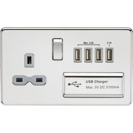 Knightsbridge Screwless 13A switched socket with quad USB charger (5.1A) – polished chrome with grey insert SFR7USB4PCG - West Midland Electrics | CCTV & Electrical Wholesaler 5