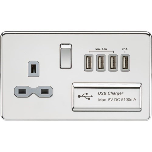 Knightsbridge Screwless 13A switched socket with quad USB charger (5.1A) – polished chrome with grey insert SFR7USB4PCG - West Midland Electrics | CCTV & Electrical Wholesaler 3