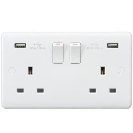 Knightsbridge Curved Edge 13A 2G Switched Socket with Dual USB Charger (5V DC 3.1A shared) CU9904 - West Midland Electrics | CCTV & Electrical Wholesaler