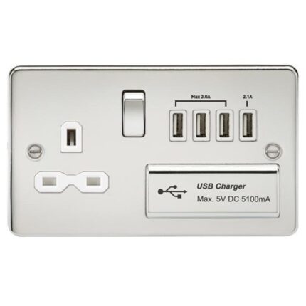 Knightsbridge Flat plate 13A switched socket with quad USB charger – polished chrome with white insert FPR7USB4PCW - West Midland Electrics | CCTV & Electrical Wholesaler 5