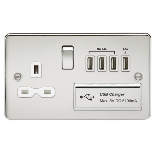 Knightsbridge Flat plate 13A switched socket with quad USB charger – polished chrome with white insert FPR7USB4PCW - West Midland Electrics | CCTV & Electrical Wholesaler