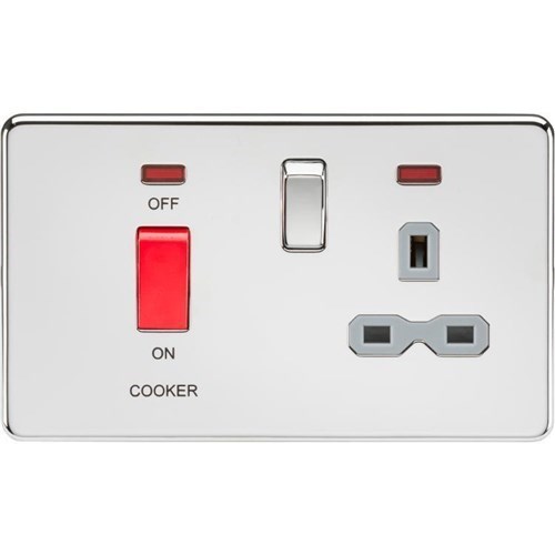 Knightsbridge Screwless 45A DP switch and 13A switched socket with neons – polished chrome with grey insert SFR8333NPCG - West Midland Electrics | CCTV & Electrical Wholesaler 3