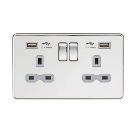 Knightsbridge 13A 2G Switched Socket with Dual USB Charger (2.4A) – Polished Chrome with Grey Insert SFR9224PCG - West Midland Electrics | CCTV & Electrical Wholesaler 5