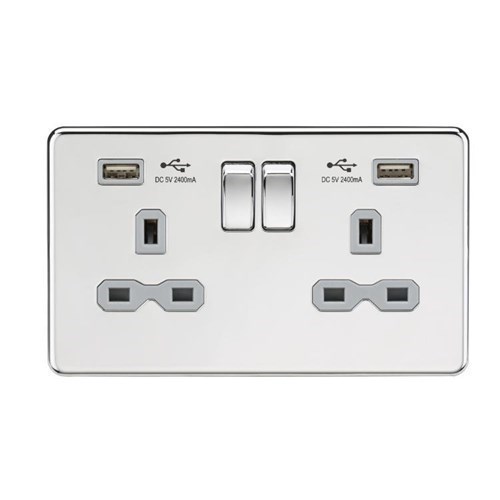 Knightsbridge 13A 2G Switched Socket with Dual USB Charger (2.4A) – Polished Chrome with Grey Insert SFR9224PCG - West Midland Electrics | CCTV & Electrical Wholesaler 3