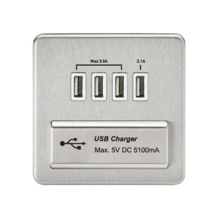 Knightsbridge Screwless Quad USB Charger Outlet (5.1A) – Brushed Chrome with White Insert SFQUADBCW - West Midland Electrics | CCTV & Electrical Wholesaler 5