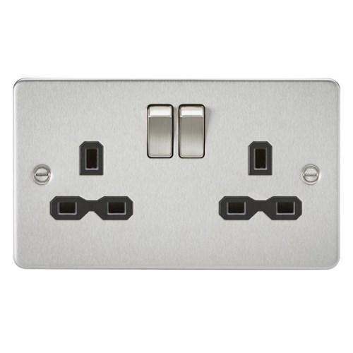 Knightsbridge Flat plate 13A 2G DP switched socket – brushed chrome with black insert FPR9000BC - West Midland Electrics | CCTV & Electrical Wholesaler