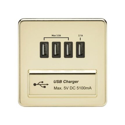 Knightsbridge Screwless Quad USB Charger Outlet (5.1A) – Polished Brass with Black Insert SFQUADPB - West Midland Electrics | CCTV & Electrical Wholesaler