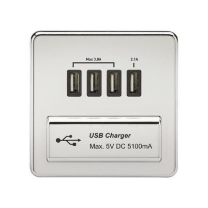 Knightsbridge Screwless Quad USB Charger Outlet (5.1A) – Polished Chrome with Black Insert SFQUADPC - West Midland Electrics | CCTV & Electrical Wholesaler 5