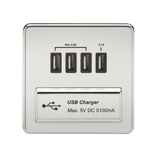 Knightsbridge Screwless Quad USB Charger Outlet (5.1A) – Polished Chrome with Black Insert SFQUADPC - West Midland Electrics | CCTV & Electrical Wholesaler 3