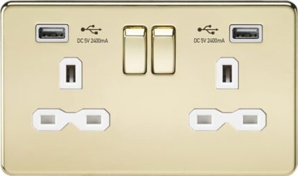 Knightsbridge 13A 2G switched socket with dual USB charger A + A (2.4A) – Polished brass with white insert SFR9224PBW - West Midland Electrics | CCTV & Electrical Wholesaler 5