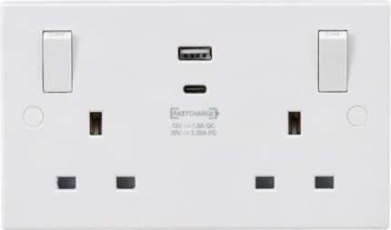 Knightsbridge 13A 2G Switched socket with outboard rockers and dual USB (A+C) QC18W / USB-PD 45W SN9003 - West Midland Electrics | CCTV & Electrical Wholesaler