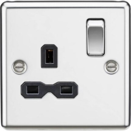 Knightsbridge 13A 1G DP Switched Socket with Black Insert – Rounded Edge Polished Chrome CL7PC - West Midland Electrics | CCTV & Electrical Wholesaler