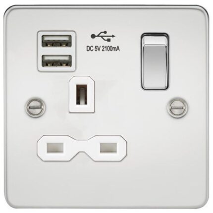 Knightsbridge Flat plate 13A 1G switched socket with dual USB charger (2.1A) – polished chrome with white insert FPR9901PCW - West Midland Electrics | CCTV & Electrical Wholesaler 5