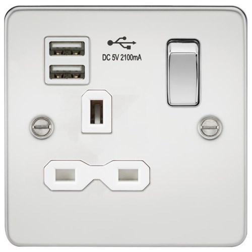 Knightsbridge Flat plate 13A 1G switched socket with dual USB charger (2.1A) – polished chrome with white insert FPR9901PCW - West Midland Electrics | CCTV & Electrical Wholesaler 3