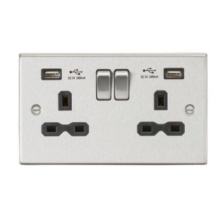 Knightsbridge 13A 2G Switched Socket Dual USB Charger (2.4A) with Black Insert – Square Edge Brushed Chrome CS9224BC - West Midland Electrics | CCTV & Electrical Wholesaler