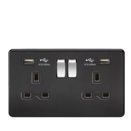 Knightsbridge 13A 2G Switched Socket with Dual USB Charger (2.4A) – Matt Black with Chrome Rockers SFR9224MB - West Midland Electrics | CCTV & Electrical Wholesaler 5