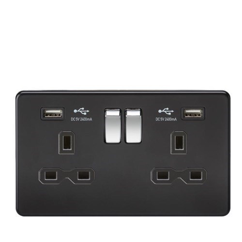 Knightsbridge 13A 2G Switched Socket with Dual USB Charger (2.4A) – Matt Black with Chrome Rockers SFR9224MB - West Midland Electrics | CCTV & Electrical Wholesaler
