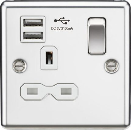 Knightsbridge 13A 1G Switched Socket Dual USB Charger Slots with White Insert – Rounded Edge Polished Chrome CL91PCW - West Midland Electrics | CCTV & Electrical Wholesaler