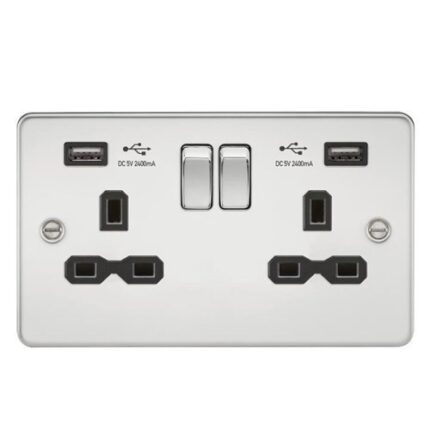 Knightsbridge Flat plate 13A 2G switched socket with dual USB charger (2.4A) – polished chrome with black insert FPR9224PC - West Midland Electrics | CCTV & Electrical Wholesaler 5