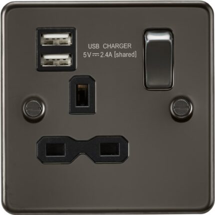 Knightsbridge Flat plate 13A 1G switched socket with dual USB charger (2.4A) – gunmetal with black insert FPR9124GM - West Midland Electrics | CCTV & Electrical Wholesaler