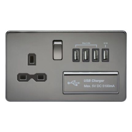 Knightsbridge Screwless 13A switched socket with quad USB charger (5.1A) – black nickel with black insert SFR7USB4BN - West Midland Electrics | CCTV & Electrical Wholesaler 5