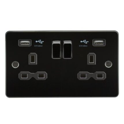 Knightsbridge Flat plate 13A 2G switched socket with dual USB charger (2.4A) – gunmetal with black insert FPR9224GM - West Midland Electrics | CCTV & Electrical Wholesaler 5
