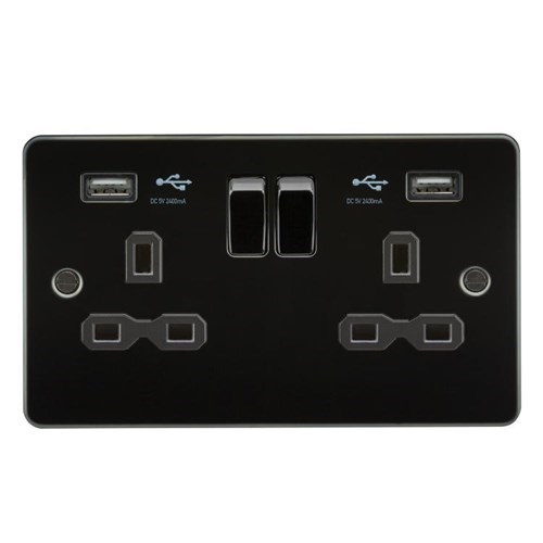 Knightsbridge Flat plate 13A 2G switched socket with dual USB charger (2.4A) – gunmetal with black insert FPR9224GM - West Midland Electrics | CCTV & Electrical Wholesaler 3